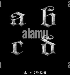 3D rendering of old Gothic metal lowercase alphabet - letters a-d Stock Photo