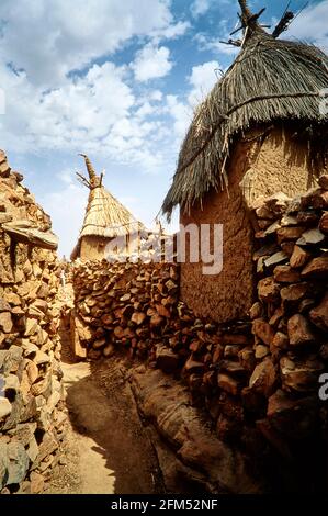 Storage huts with the typical pointed roofs in a Dogon village at the Falaise de Bandiagara. 09.11.2003 - Christoph Keller Stock Photo