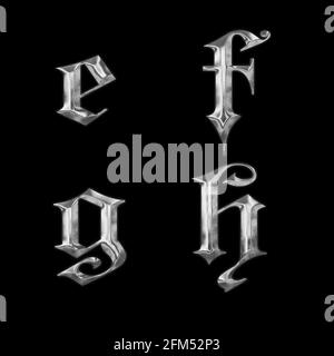 3D rendering of old Gothic metal lowercase alphabet - letters e-h Stock Photo