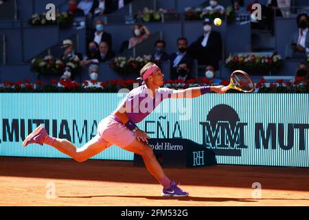 Rafael Nadal of Spain in action during his Men's Singles match, round of 32, against Carlos Alcaraz of Spain on the Mutua Madrid Open 2021, Masters 1000 tennis tournament on May 5, 2021 at La Caja Magica in Madrid, Spain - Photo Oscar J Barroso / Spain DPPI / DPPI / LiveMedia Stock Photo