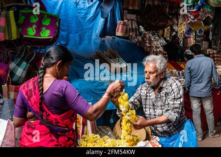 Mysuru, Karnataka, India - January 2019: An elderly Indian man selling flowers in a market square in the city of Mysore. Stock Photo