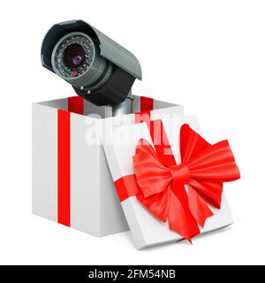Security surveillance camera inside gift box, 3D rendering isolated on ...