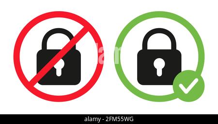 Lock sign in crossed out red circle and padlock in green circle. Protection icons, padlock vector flat illustration isolated on white background. Protected, closed symbol design. Stock Vector