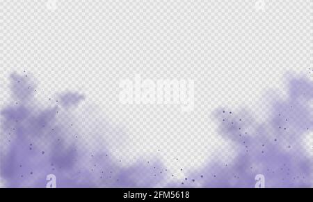 Purple dust or fog. Abstract purple powder explosion with particles. Violet smoke or dust isolated on light transparent background. Abstract mystical Stock Vector