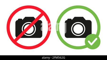 Camera icons in crossed out red circle and photo camera in green circle. No photography prohibition sign and photos allowed vector flat illustration isolated on white background. Stock Vector