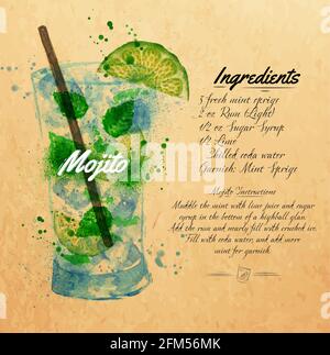 Mojito cocktails drawn watercolor blots and stains with a spray, including recipes and ingredients on the background of kraft Stock Vector