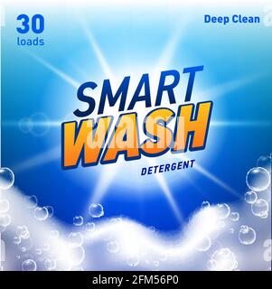 Detergent package design template with lens flare and realistic soap foam. Stock Vector