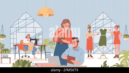 People working in sewing atelier vector flat illustration. Smiling managers, tailors, dressmakers making dresses, choosing textile for clothes. Sewing workshop or fashion sew studio interior design. Stock Vector