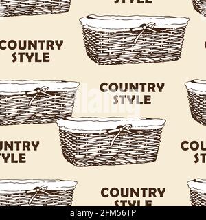 Wicker basket sketch vector seamless pattern, hand drawn square basket isolated on white background Stock Vector