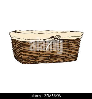 Wicker basket vector sketch, hand drawn square basket isolated on white background Stock Vector