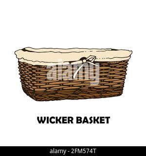 Wicker basket vector sketch, hand drawn square basket isolated on white background Stock Vector