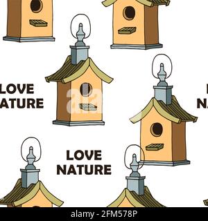 Bird feeders vector seamless pattern, hand drawn illustration isolated on white background Stock Vector