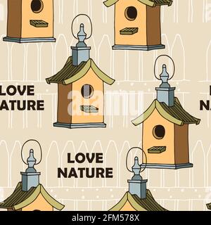 Bird feeders vector seamless pattern, hand drawn illustration isolated on beige background with fence silhouette Stock Vector