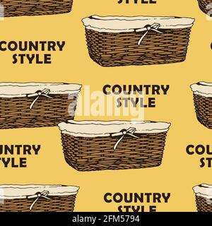 Wicker basket sketch vector seamless pattern, hand drawn square basket isolated on white background Stock Vector