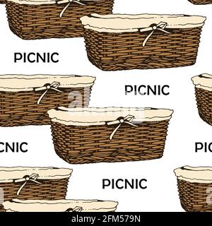 Wicker basket sketch vector seamless pattern, hand drawn square basket isolated on white background Stock Vector