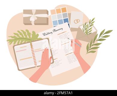 Wedding planning vector flat illustration. Woman hands writing notes in notebook about wedding ceremony. Preparation for perfect marriage party, choosing gifts, rings and colors for decorations. Stock Vector