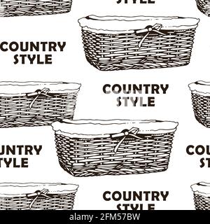 Wicker basket sketch vector seamless pattern, hand drawn square basket isolated on white background Stock Vector