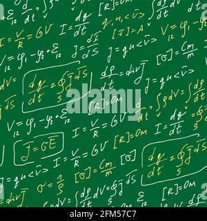 Physics formulas handwritten vector pattern, abstract seamless background, hand drawn equations isolated on green board background, scientific, educat Stock Vector