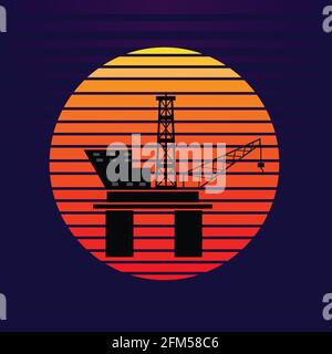 Vector of offshore oil platform on sunset background. Oil and gas company silhouette logo illustration design Stock Vector
