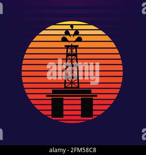Vector of offshore oil platform on sunset background. Oil and gas company silhouette logo illustration design Stock Vector