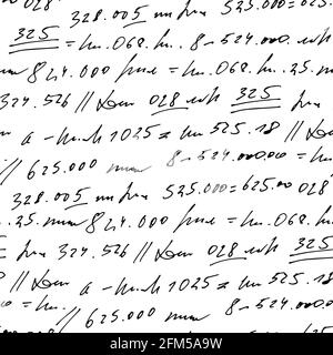 Handwritten abstract text and digits vector seamless pattern, vector monochrome script isolated on white background, mathematics and accounting backdr Stock Vector