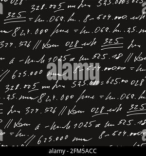 Handwritten abstract text and numbers vector seamless pattern, vector monochrome script isolated on blackboard background, mathematics and accounting Stock Vector
