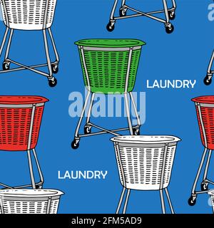 Laundry basket vector seamless pattern, basket for clean linen, clothes, isolated on white background Stock Vector