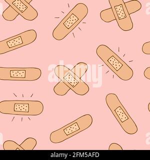 Sticking plaster vector seamless pattern, hand drawn band-aid isolated on pink background Stock Vector
