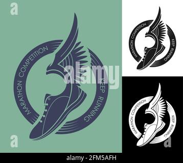 symbol, emblem of sports sneaker and sole, running shoes with wings in circle of ribbons for competition. Active lifestyle. Vector Stock Vector