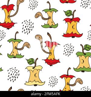 Cartoon worms in apple core seamless pattern, hand drawn vector illustration isolated on white background Stock Vector