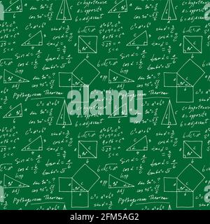 Handwritten trigonometric vector seamless pattern, hand drawn monochrome math formulas isolated on green background, mathematical, geometrical Stock Vector