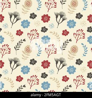 Flowers and branches seamless pattern, hand drawn vector floral background with flowers, leafs, branches Stock Vector
