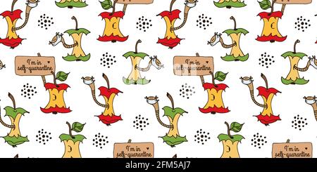 Cartoon worms in apple core in face masks in self quarantine, hand drawn vector seamless background Stock Vector