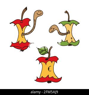 Cartoon worms in apple core, hand drawn vector illustration isolated on white background Stock Vector