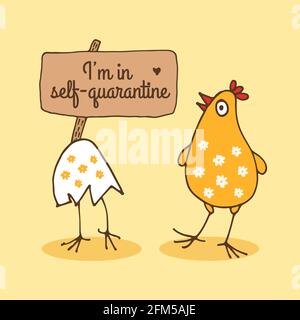 Cartoon chick and egg in self-quarantine, hand drawn vector illustration isolated on yellow background Stock Vector
