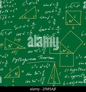 Handwritten trigonometric vector seamless pattern, hand drawn monochrome math formulas isolated on green background, mathematical, scientific Stock Vector