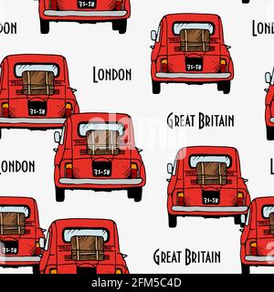 Red old car vector seamless pattern, hand drawn retro automobile on light background Stock Vector