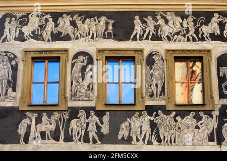 Sgaffito of figures from mythology on the House at the Minute, Old Town Square, Prague, Czech republic Stock Photo