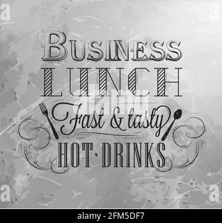 Business menu poster in vintage style drawing with chalk on chalkboard background. Stock Vector