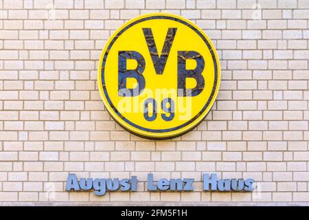 BVB 09 Borussia Dortmund football club logo, August Lenz Haus at Signal Iduna Park  stadium, Germany