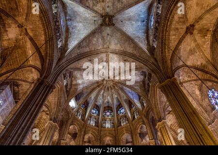 Columns and arches in the interior of the gothic Barcelona Cathedral Stock Photo