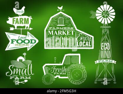 Farm characters in vintage style lettering in tractor barn and the mill and the sign field stylized drawing in green Stock Vector