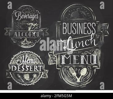 Elements on the theme of the restaurant business lunch stylized a chalk drawing on a blackboard in a retro style Stock Vector