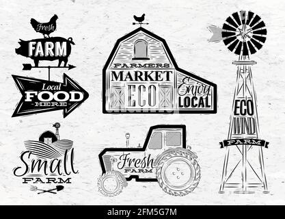 Farm characters in vintage style lettering in tractor barn and the mill and the sign field stylized drawing Stock Vector