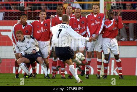 Manchester United's David Beckham  takes a free kick during  December 2000 FA Carling Premiership match against  at The Valley, London Stock Photo