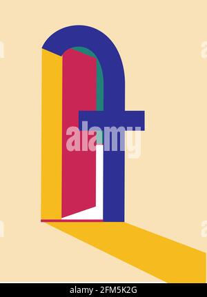 i llustration of a colorful door made of the facebook logo, isolated on  a yellow background Stock Vector