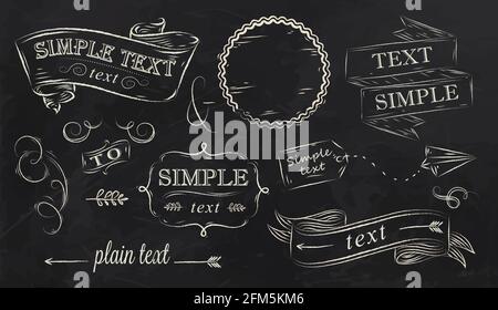 Chalk design elements of a stylized drawing with chalk on the board, box, label, pattern, decoration, ribbon, arrow, reception design, on a black back Stock Vector