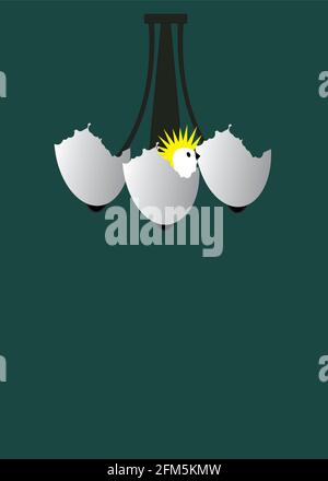 illustration of a lamp with eggs and a little chick coming out of one egg, on a green background Stock Vector