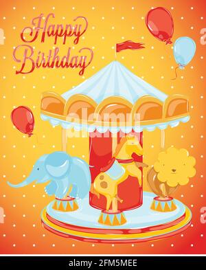 birthday carousel with animals, a birthday, elephant, a horse, a lion on the carousel, red background with dots in retro style Stock Vector