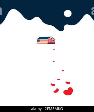 illustration of a house with a design of the american flag isolated on a winter deserted landscaped and a trail of hearts Stock Vector